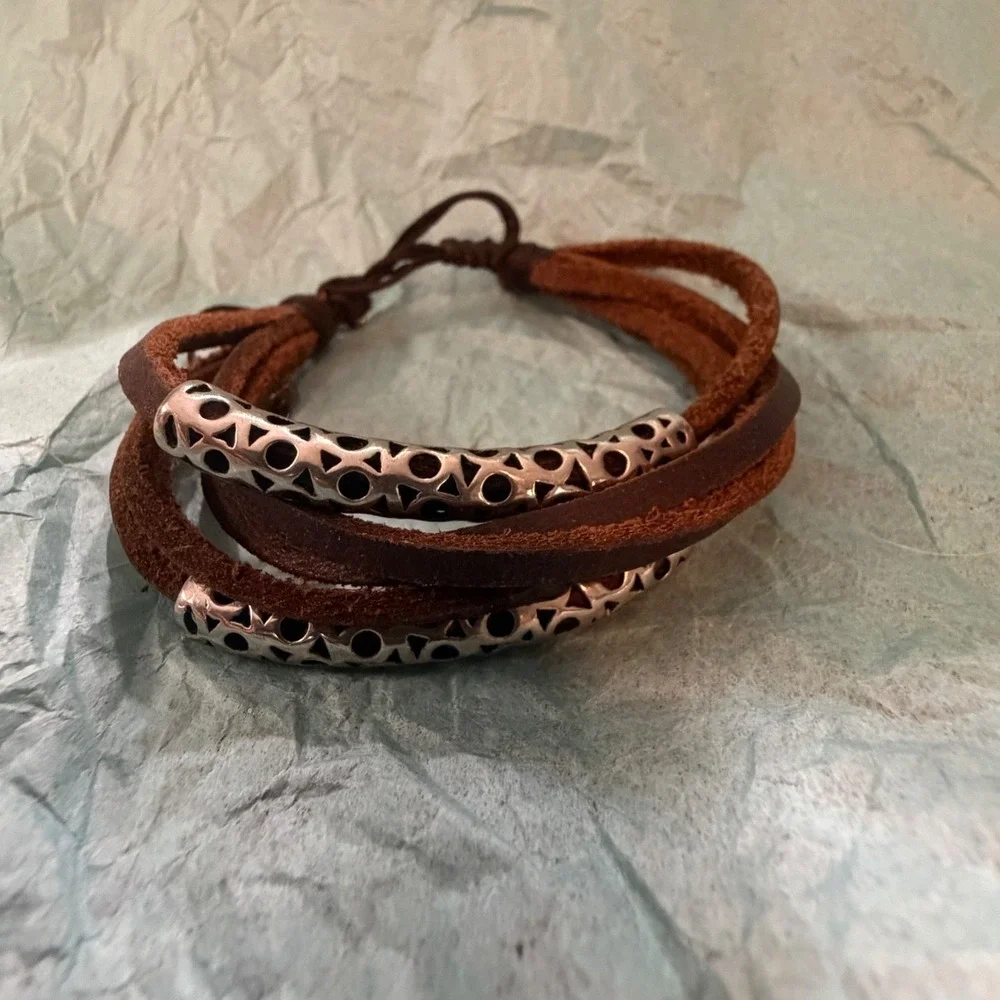 Brown Leather Wrap Bracelet Silver Perforated Tube Beads Adjustable‎ Boho Tribal